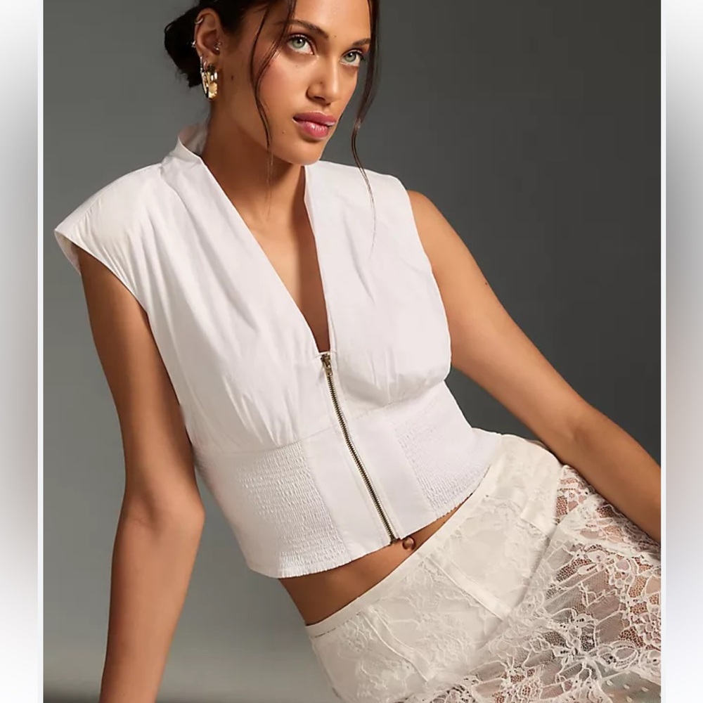 Anthropologie White Zip-Front Cropped Blouse